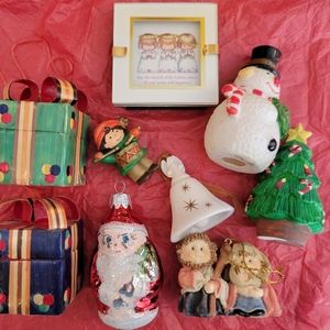 Bundle of Christmas Small Decor Items ~ Framed Angels ~ Ornaments ~ Pin ~ Box